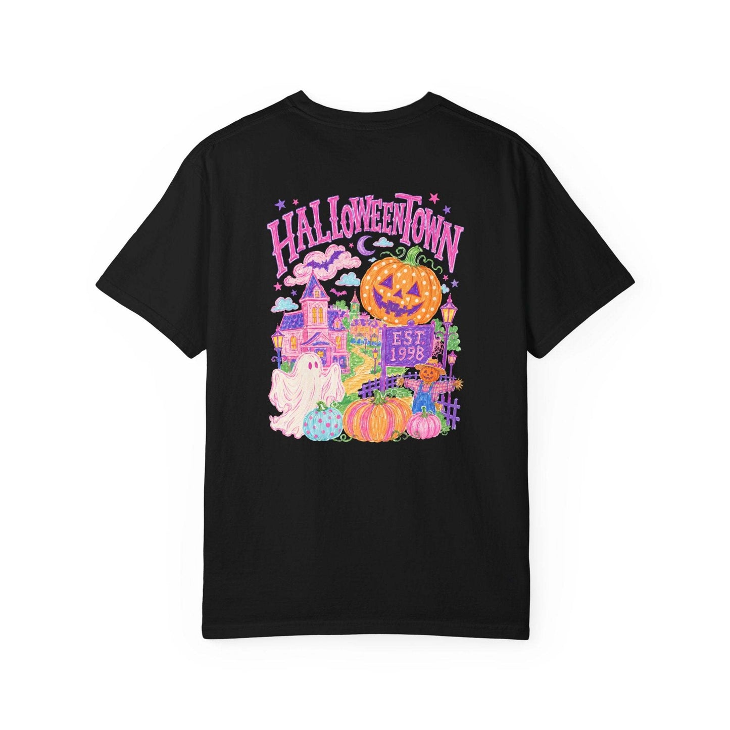 Halloweentown Graphic T-Shirt in black cotton with colorful haunted house, pumpkins, ghosts, and Halloween lettering