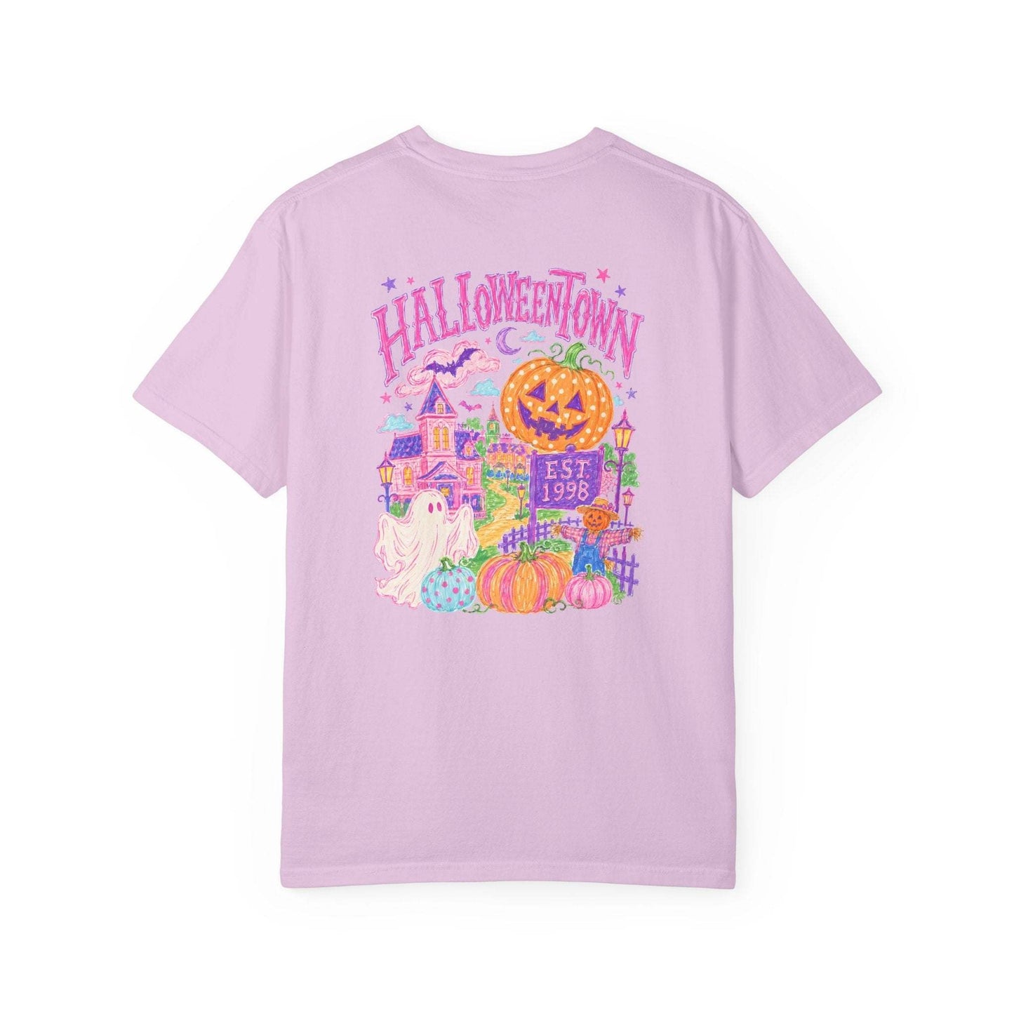 Halloweentown Graphic T-Shirt in lavender cotton with colorful haunted house, pumpkins, ghosts, and jack-o'-lantern graphic