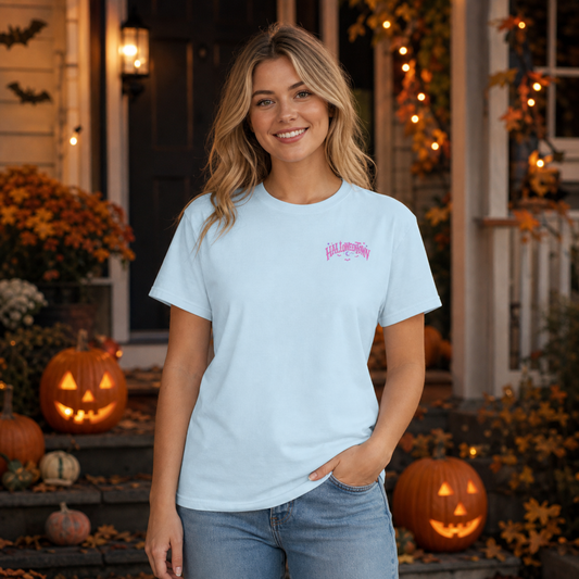 Halloweentown Graphic T-Shirt in light blue cotton with a small pink haunted town graphic on the chest