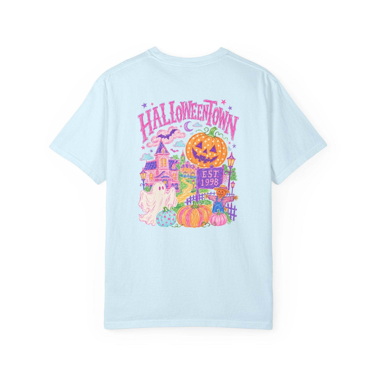 Halloweentown Graphic T-Shirt in light blue cotton with colorful haunted house, pumpkins, ghosts, and jack-o'-lantern graphic