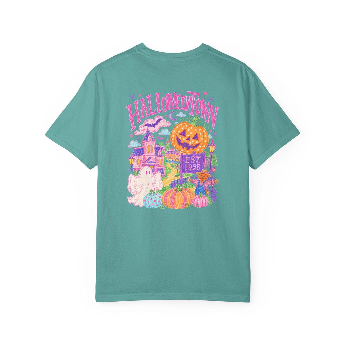 Halloweentown Graphic T-Shirt in teal cotton with a colorful Halloween graphic featuring pumpkins, ghosts, and a haunted house