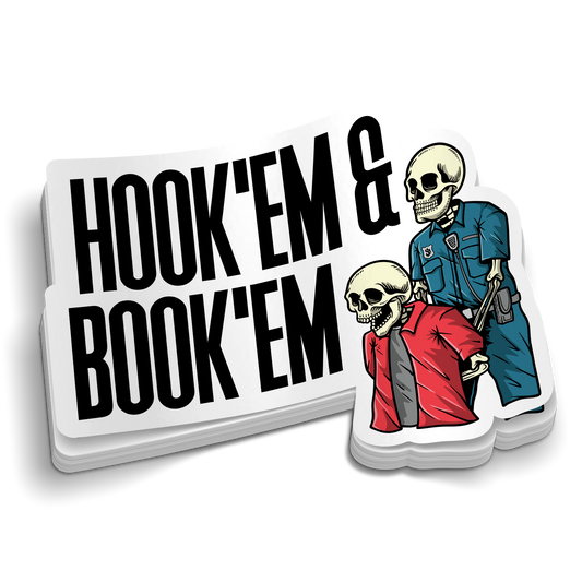 Hook'em and Book'em sticker featuring bold black lettering and two colorful skeleton police characters on durable vinyl