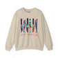 Unisex horror icons crewneck sweatshirt with neon knife and killer collage design