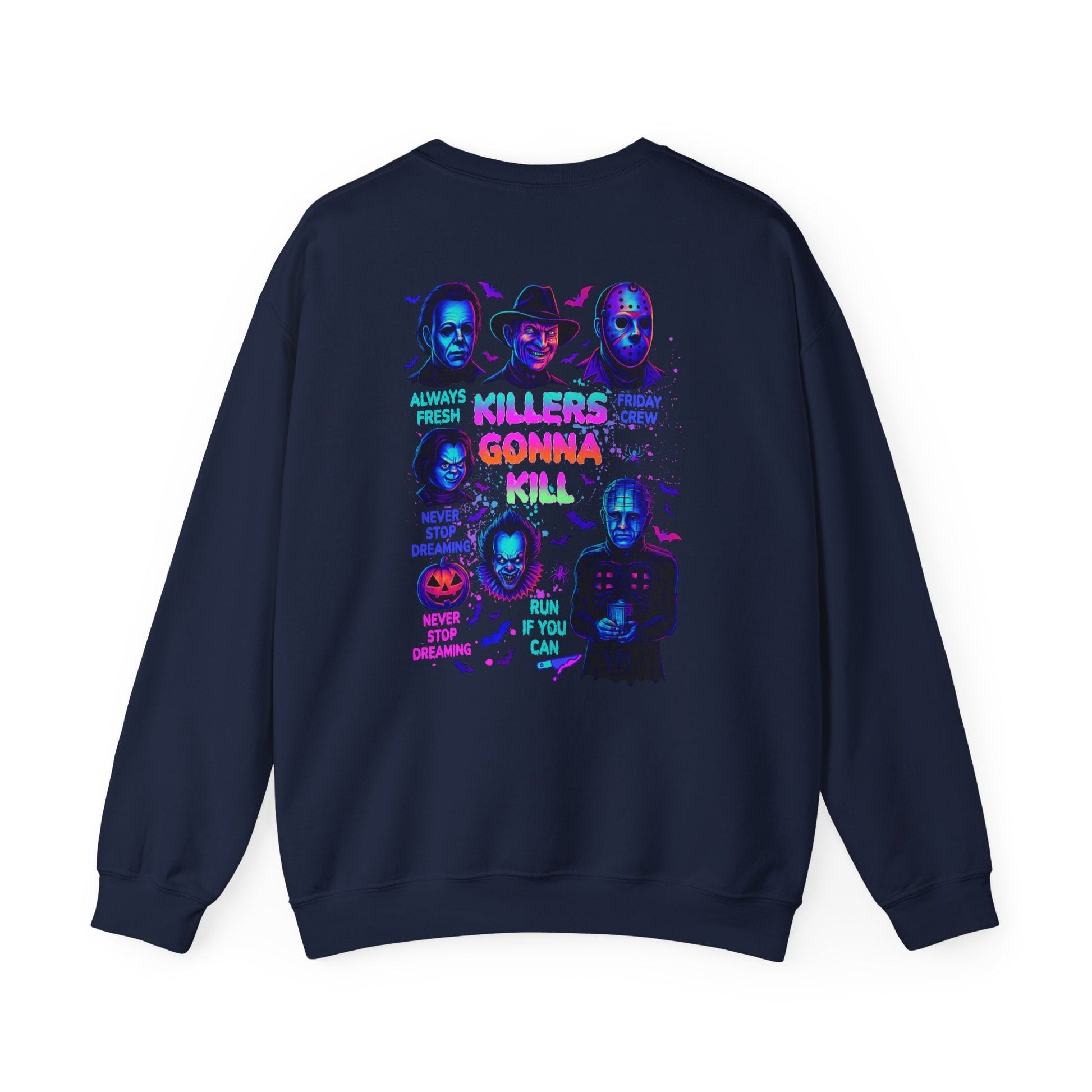 Horror icons crewneck sweatshirt with neon knife and killers gonna kill design