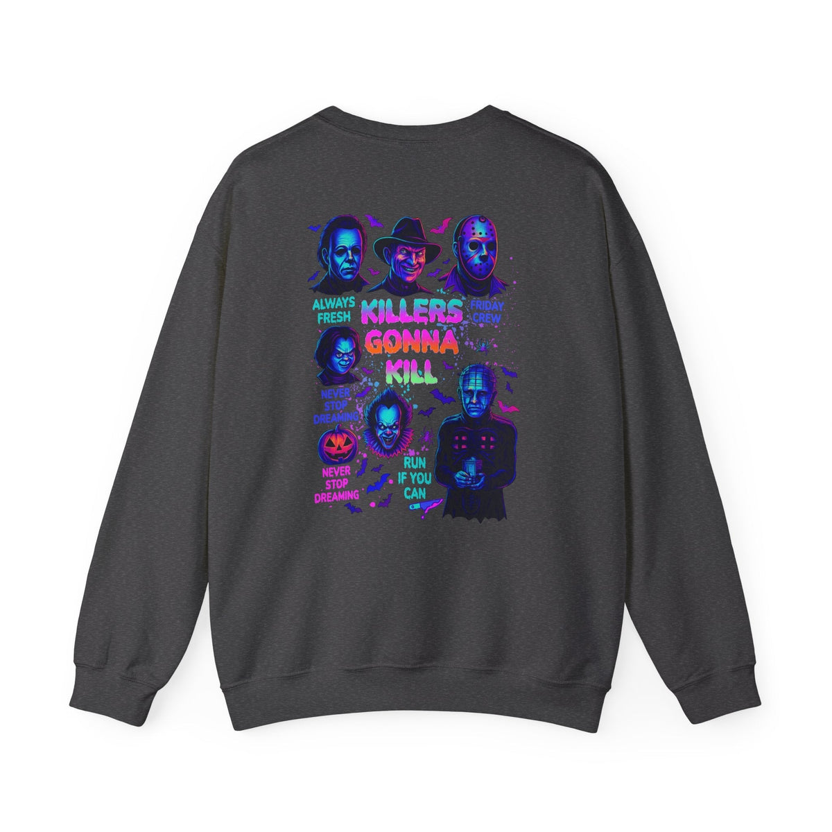Horror Icons crewneck sweatshirt with neon knife and killers gonna kill design