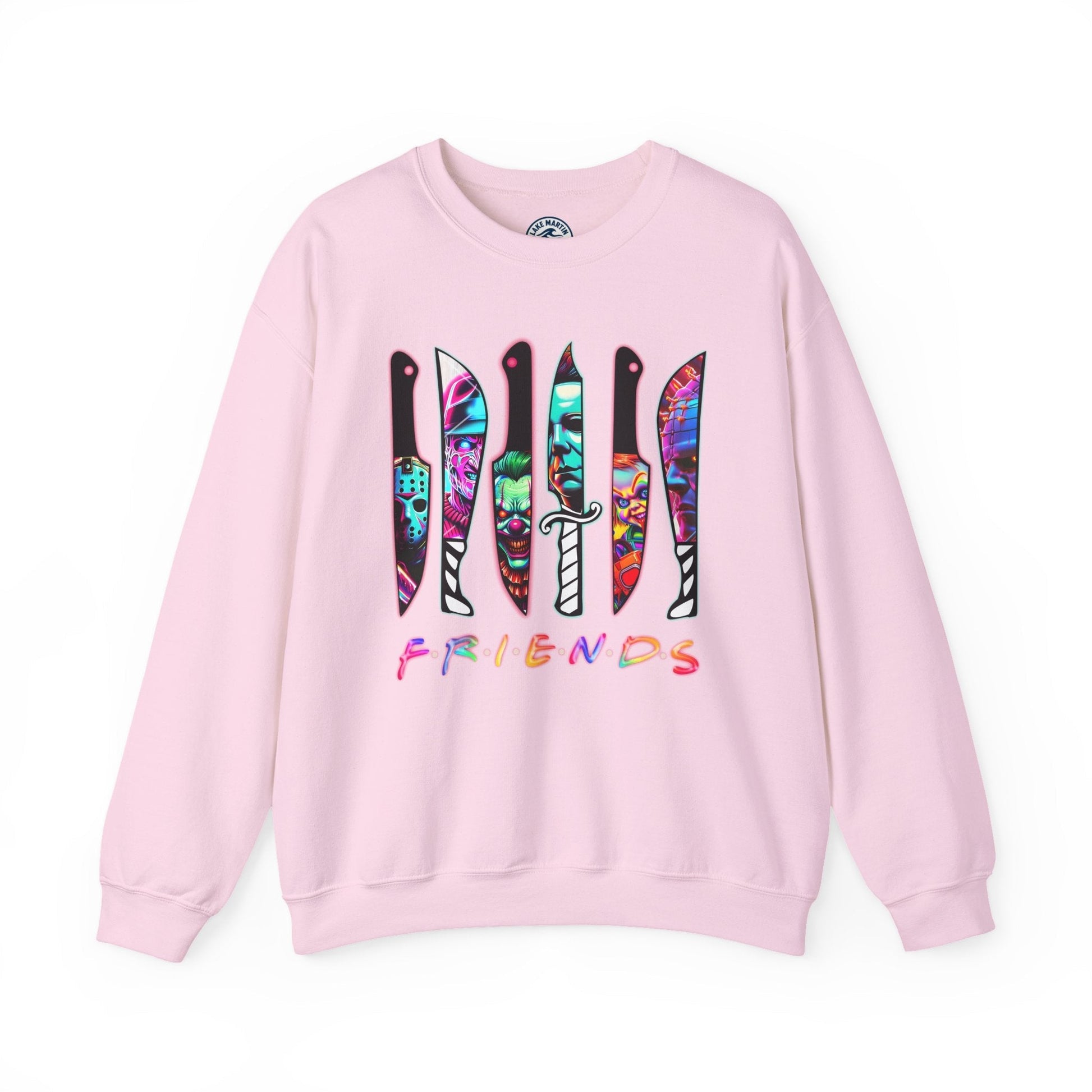 Horror Icons crewneck sweatshirt with neon knife front and killers gonna kill back design