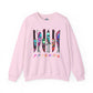 Horror Icons crewneck sweatshirt with neon knife front and killers gonna kill back design