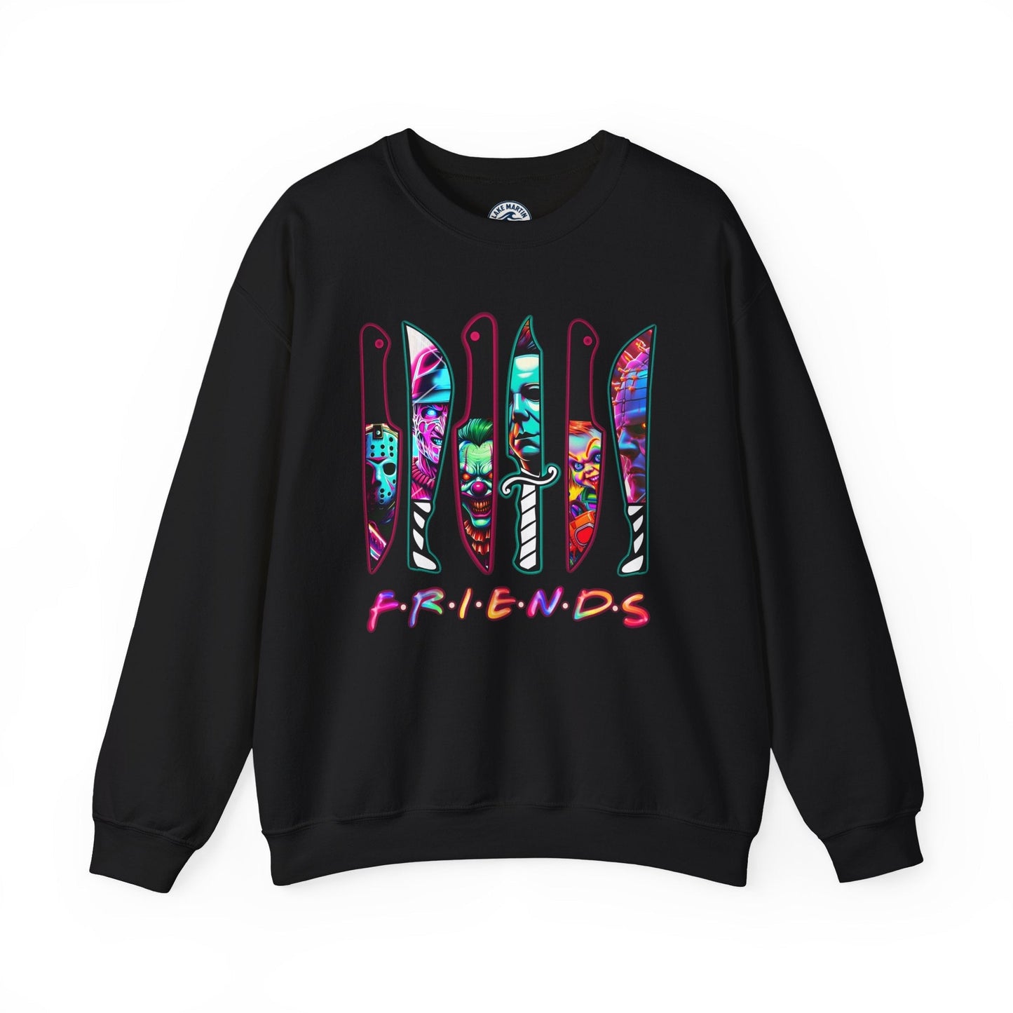 Horror Icons crewneck sweatshirt with neon knife and 'Killers Gonna Kill' design