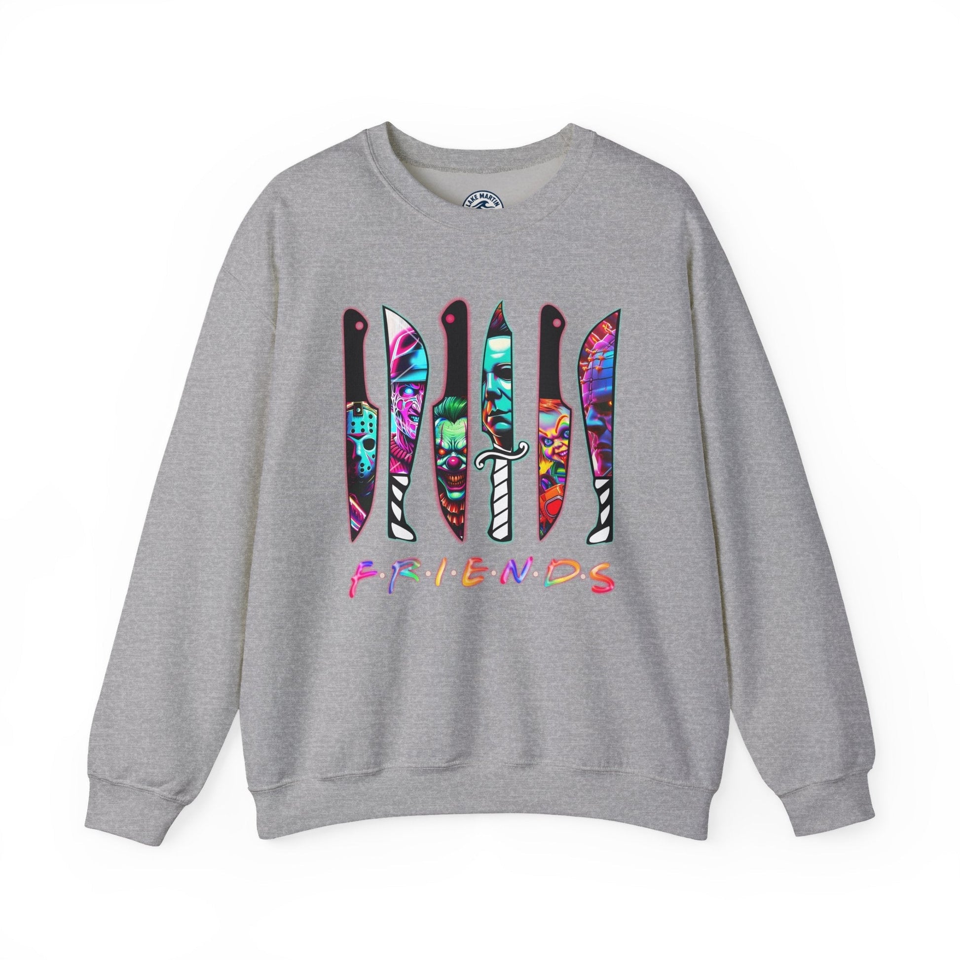 Horror Icons crewneck sweatshirt with neon knives and killers gonna kill design