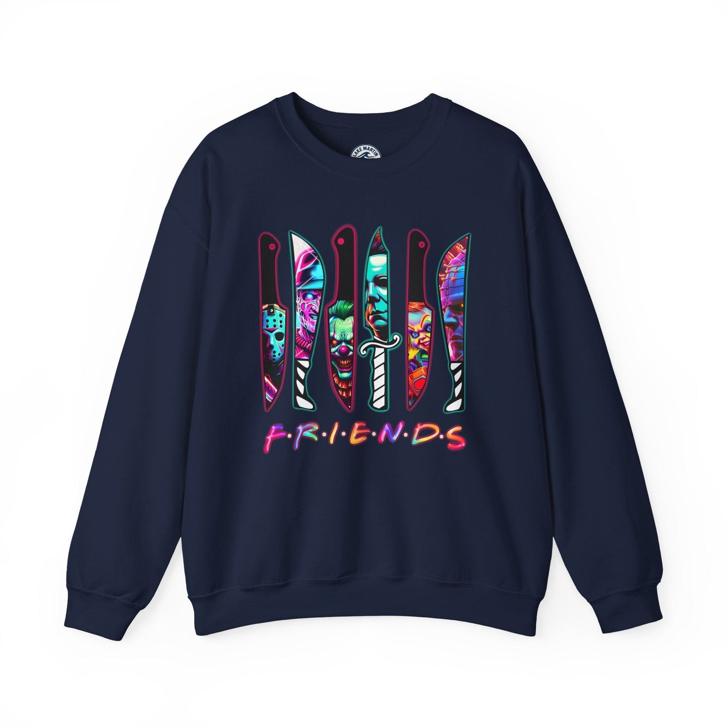 Horror Icons crewneck sweatshirt colorful neon knife and character design