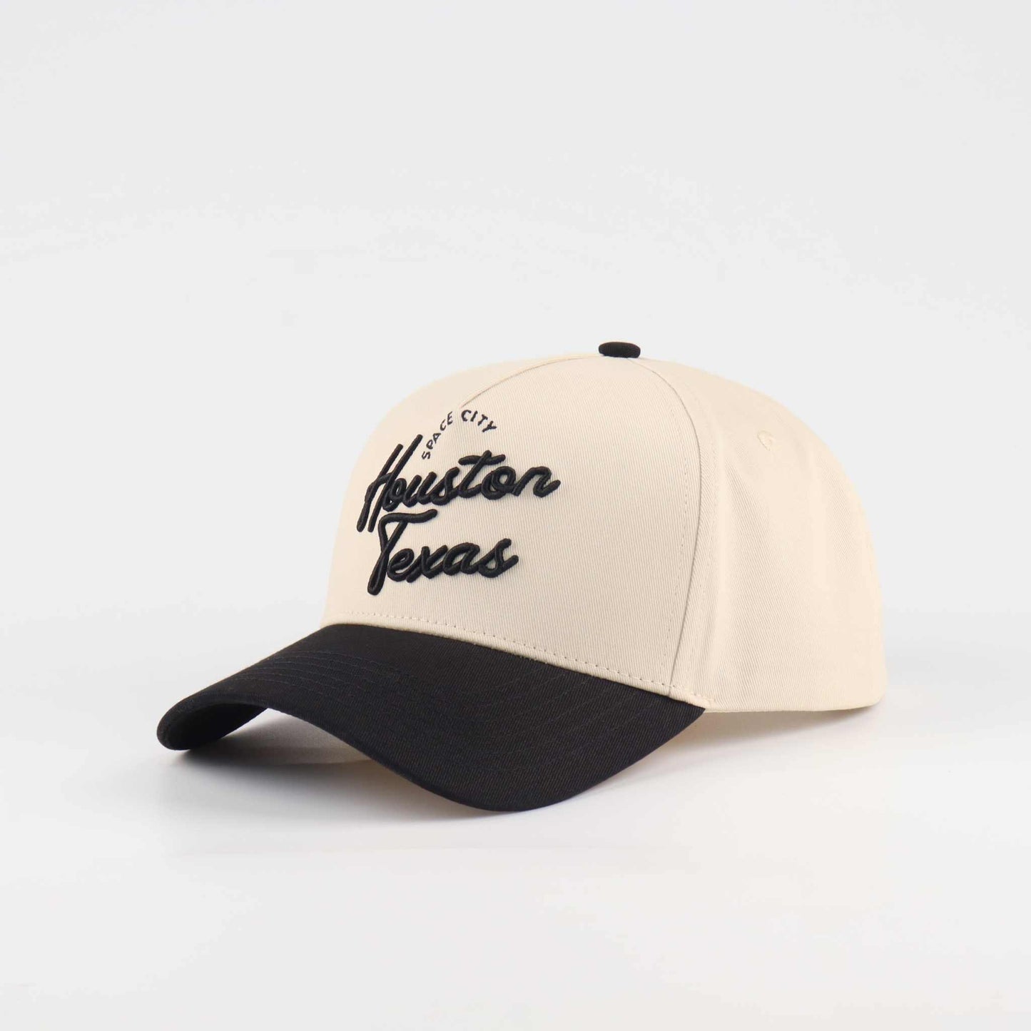 Houston Script Hat in beige cotton with black curved brim and embroidered Houston Texas script lettering