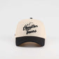 Houston Script Hat in beige and black with embroidered Houston Texas script and a pre-curved brim