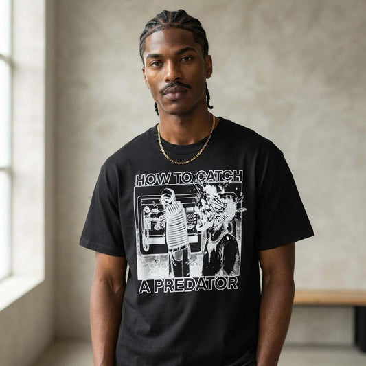 Black Comfort Colors T-shirt featuring a bold black-and-white comic-style graphic with the text How To Catch a Predator