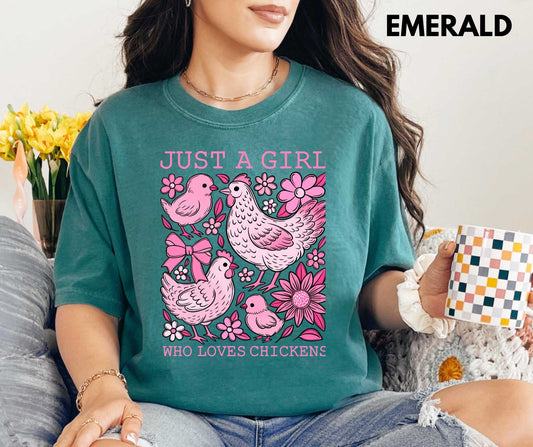 Just a Girl Who Loves Chickens graphic printed on a Comfort Colors T-shirt