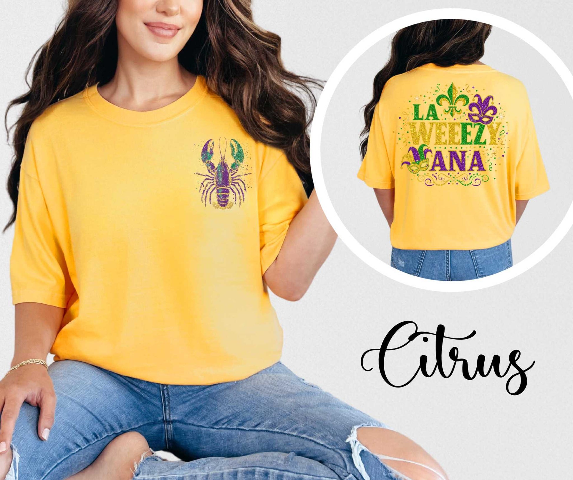 Yellow t-shirt with a crawfish design and 'LA Weezy Ana' text, worn by a person.
