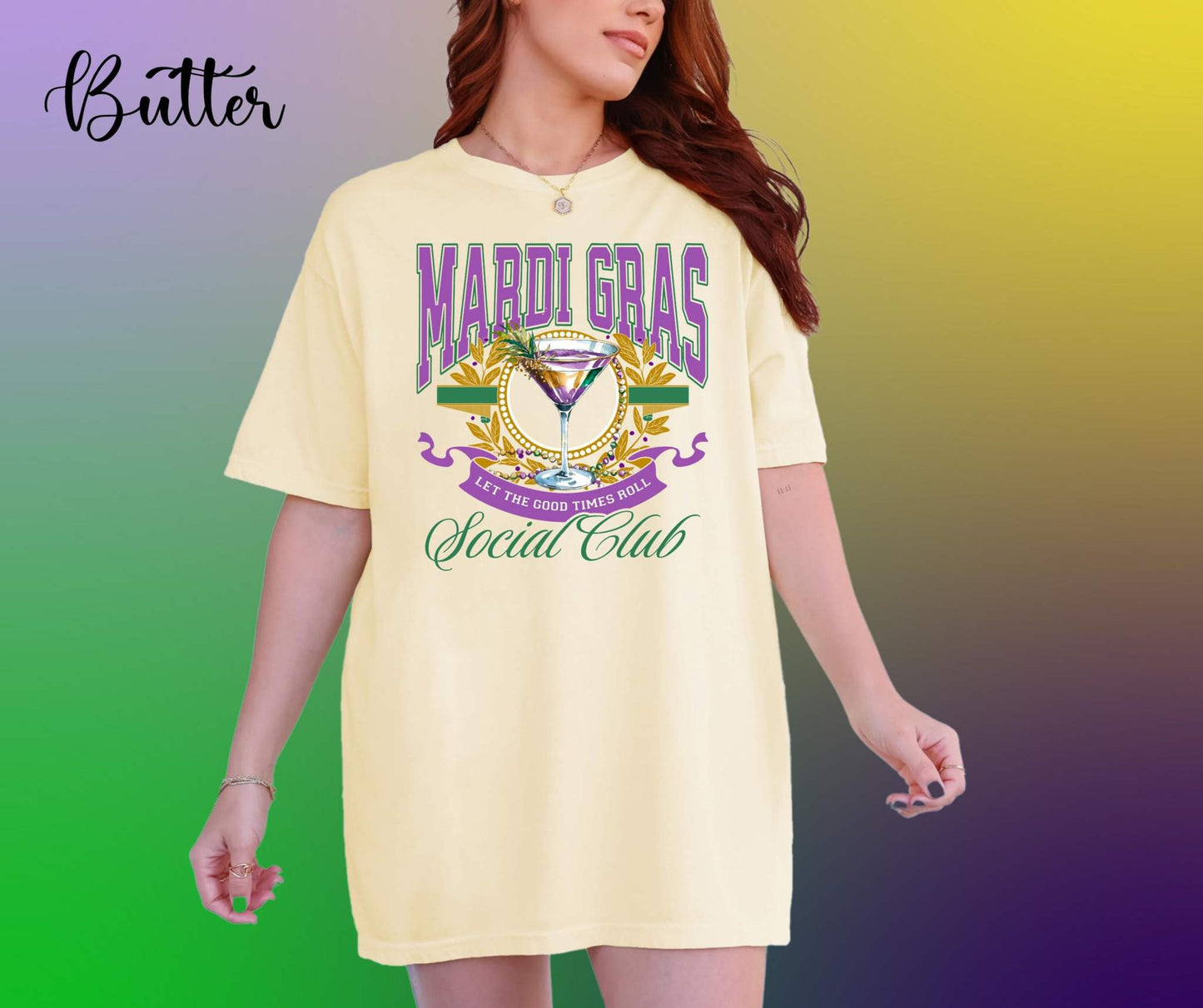 Woman wearing a yellow t-shirt with Mardi Gras design on a gradient background