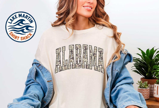 Alabama camo graphic printed on a Comfort Colors T-shirt