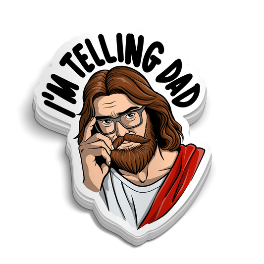 I'm Telling Dad sticker featuring a bearded man with glasses, long brown hair, and red-and-white clothing