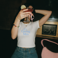 It’s Giving Mrs Graphic Tee, white fitted cotton-blend shirt with soft blue stacked lettering and crew neck