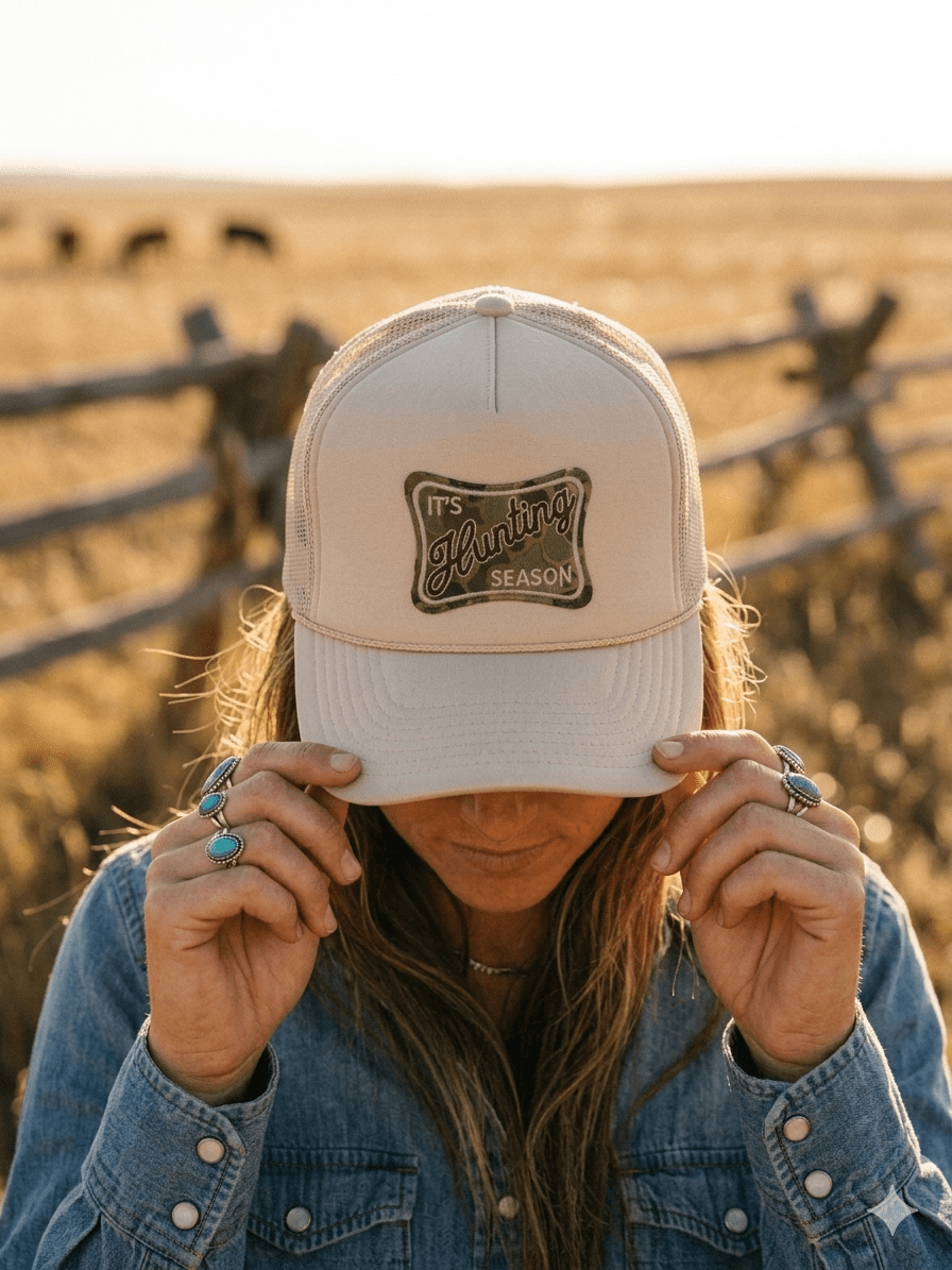 Black Otto Brand trucker hat with breathable mesh back and customizable Hunting Season Patch, adjustable snap back closure, made in USA