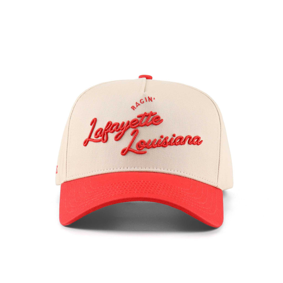 Lafayette Script Hat in beige and red with embroidered script lettering and a pre-curved brim