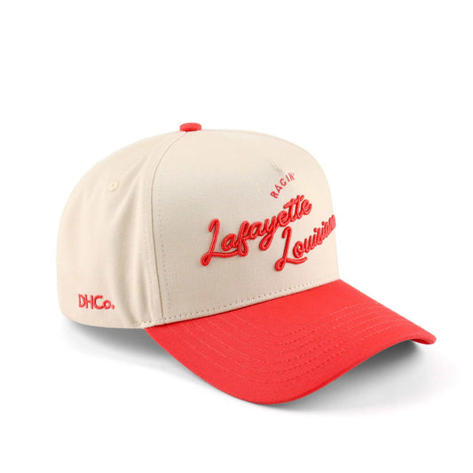 Lafayette Script Hat in beige and red, featuring embroidered script and a pre-curved brim