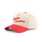 Lafayette Script Hat in beige and red with embroidered Louisiana script and a pre-curved brim