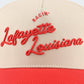 Lafayette Script Hat in beige and red with embroidered Lafayette Louisiana script and Ragin' detail