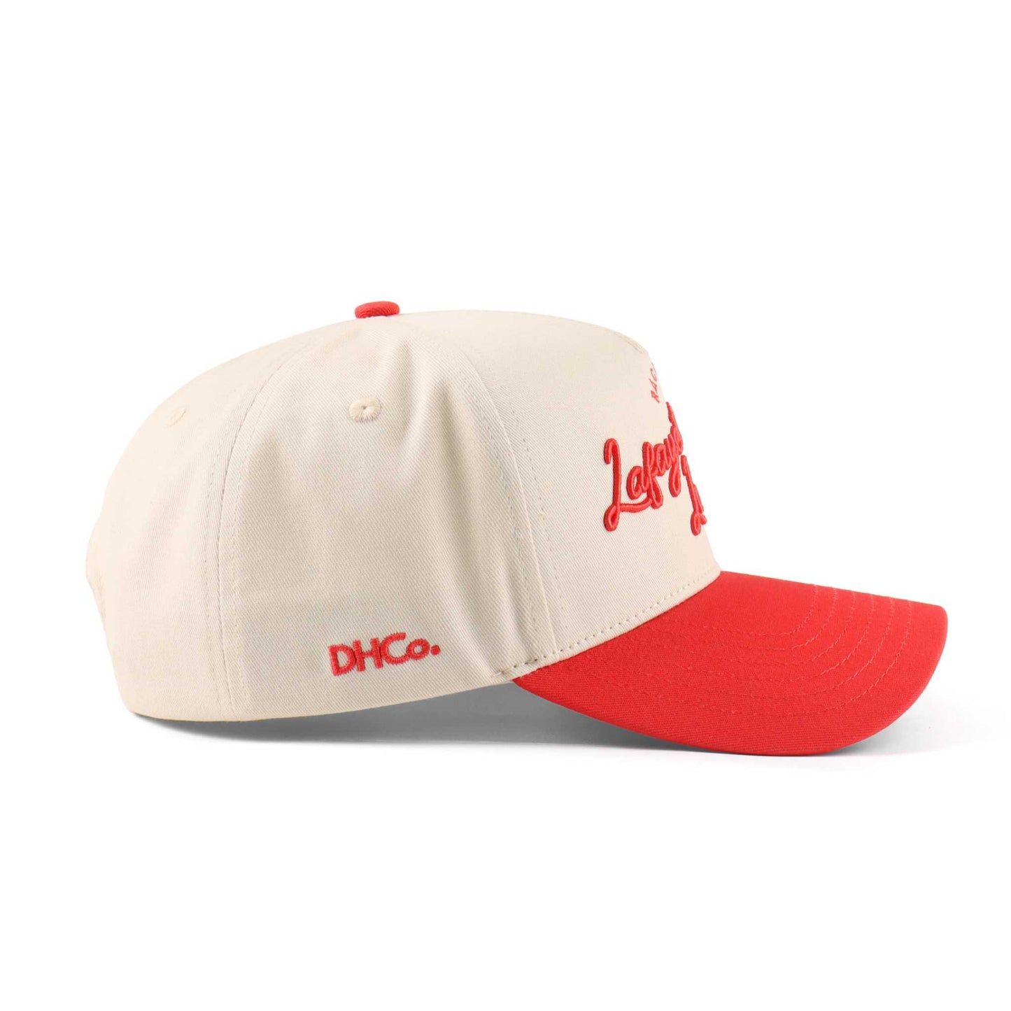 Lafayette Script Hat in beige cotton with red brim, embroidered script, and pre-curved trucker design