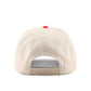 Lafayette Script Hat in beige fabric with a red top button and adjustable snapback closure