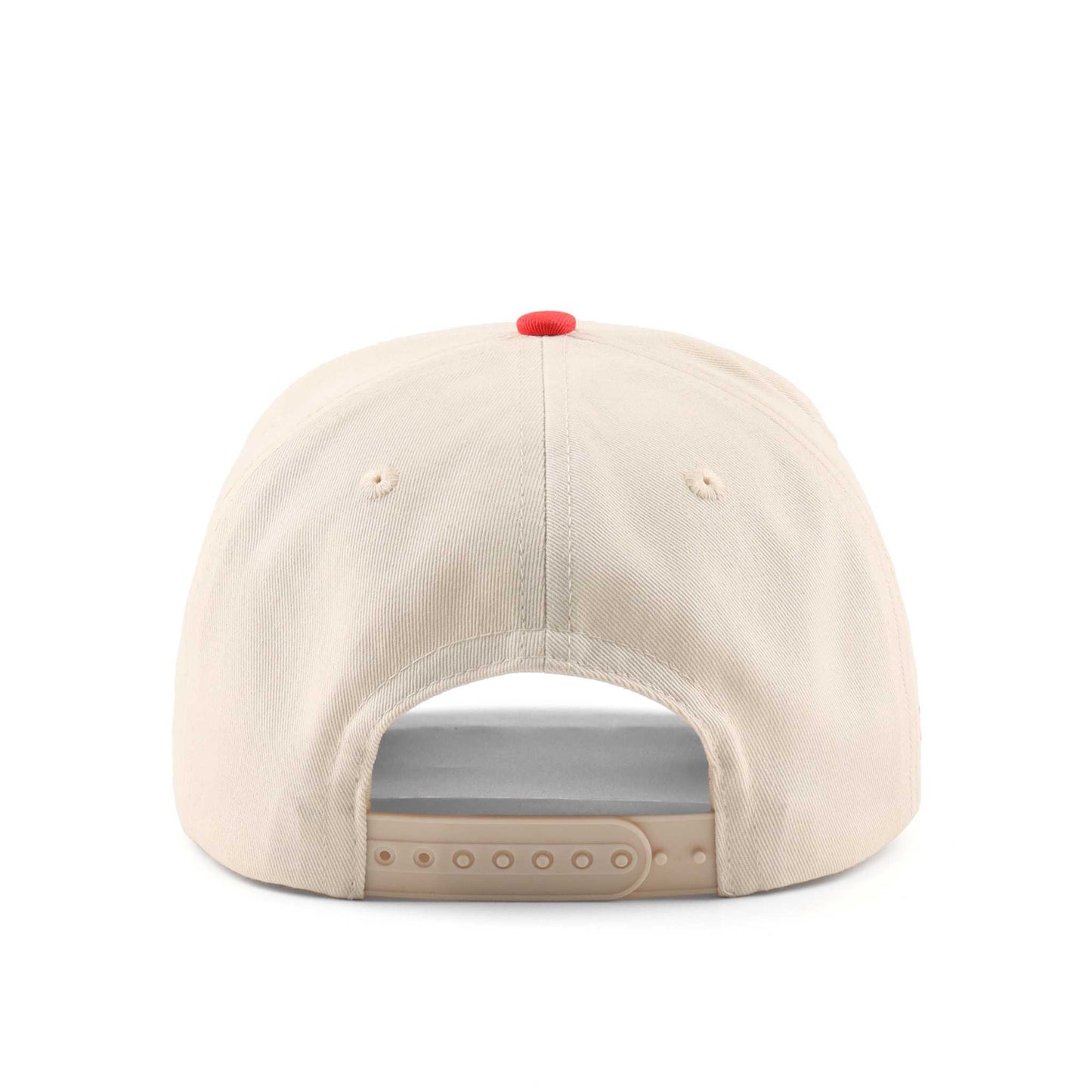 Lafayette Script Hat in beige fabric with a red top button and adjustable snapback closure