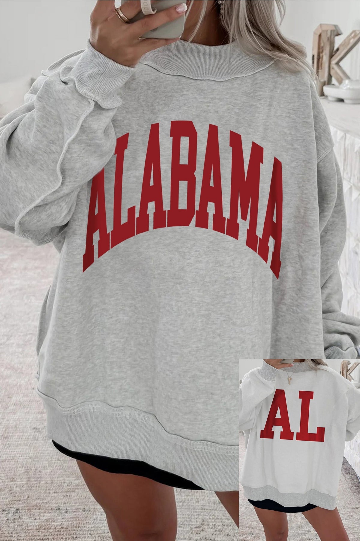 Light Grey oversized sweatshirt with ribbed mock neck, red "ALABAMA" print, and reversible patchwork design featuring "AL" print.
