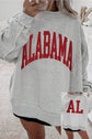 Light Grey oversized sweatshirt with ribbed mock neck, red "ALABAMA" print, and reversible patchwork design featuring "AL" print.