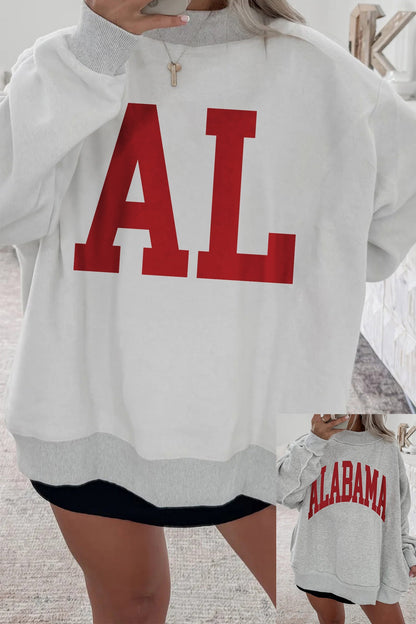 Light Grey ribbed mock neck sweatshirt with large red AL print and contrasting hem and cuffs in patchwork design