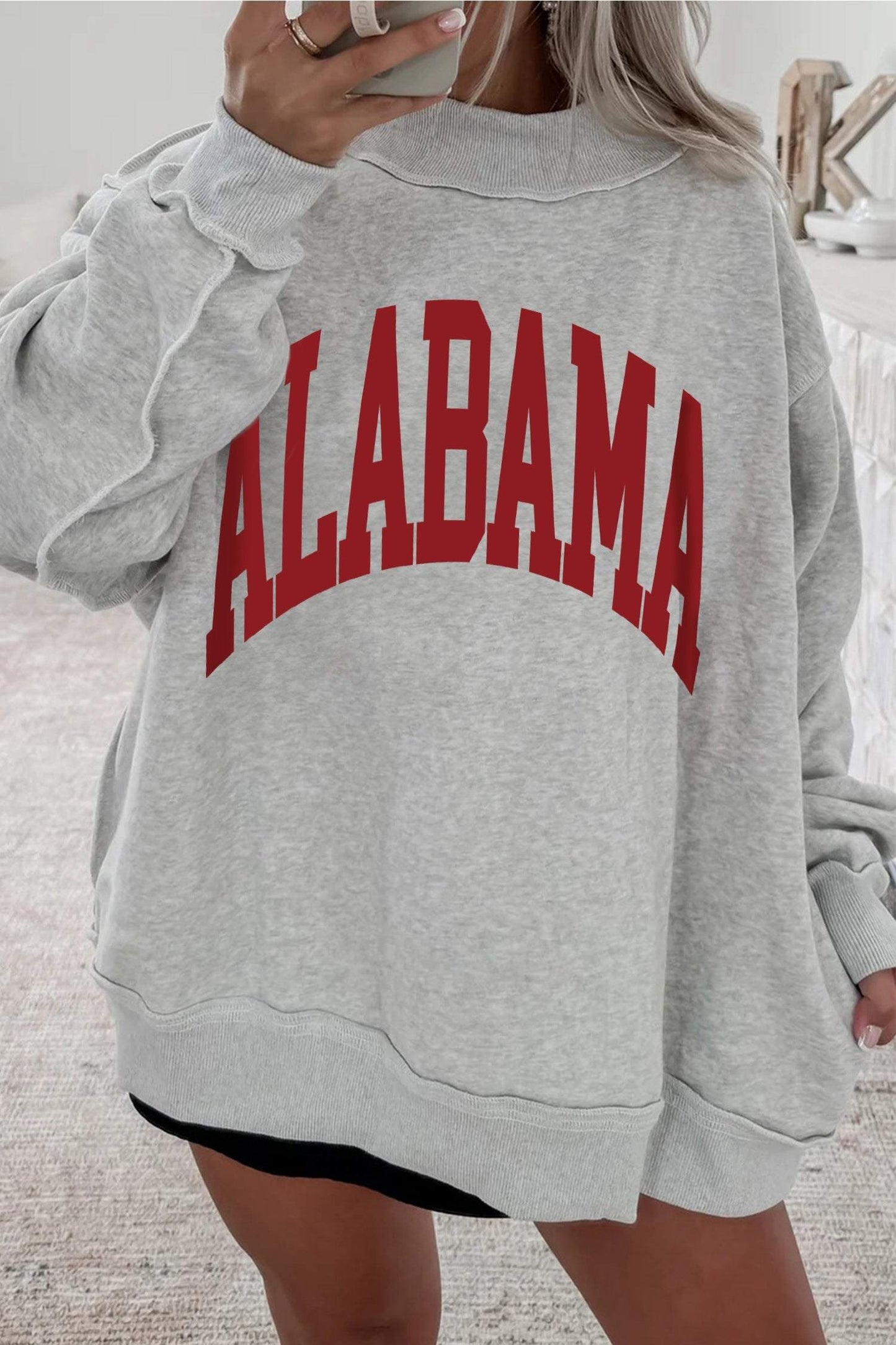 Light Grey sweatshirt with red ALABAMA collegiate lettering, ribbed trim, and relaxed mock neck design