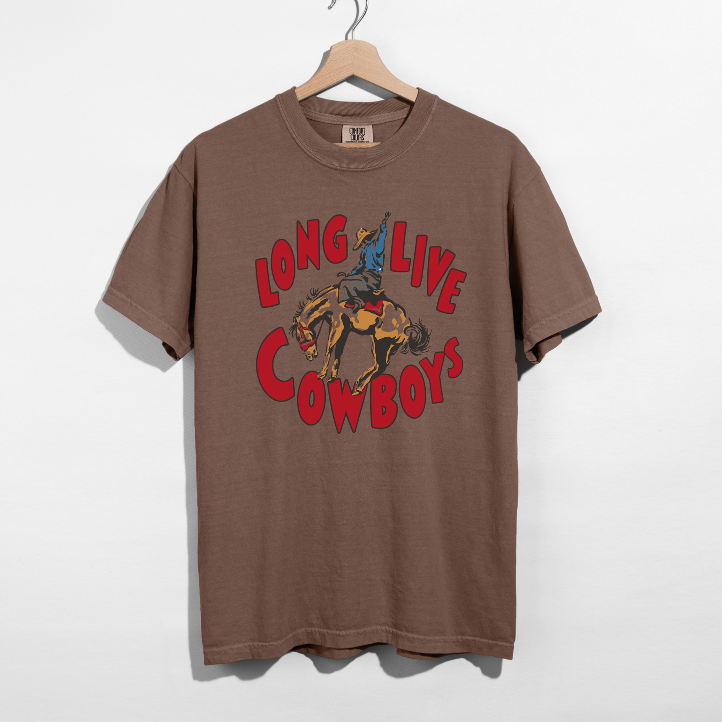 Long Live Cowboys Graphic Tee in brown garment-dyed cotton with a red and blue vintage rodeo bucking horse design