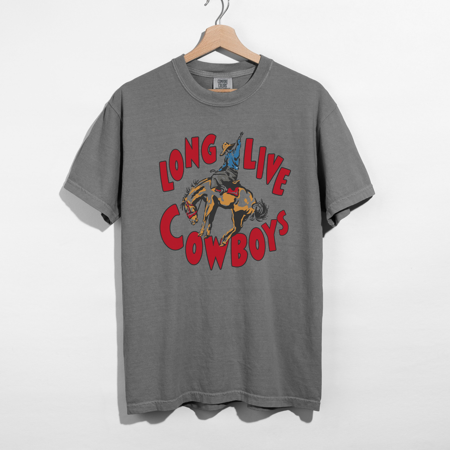 Long Live Cowboys Graphic Tee in gray with a vintage rodeo bucking horse and rider graphic and bold red lettering