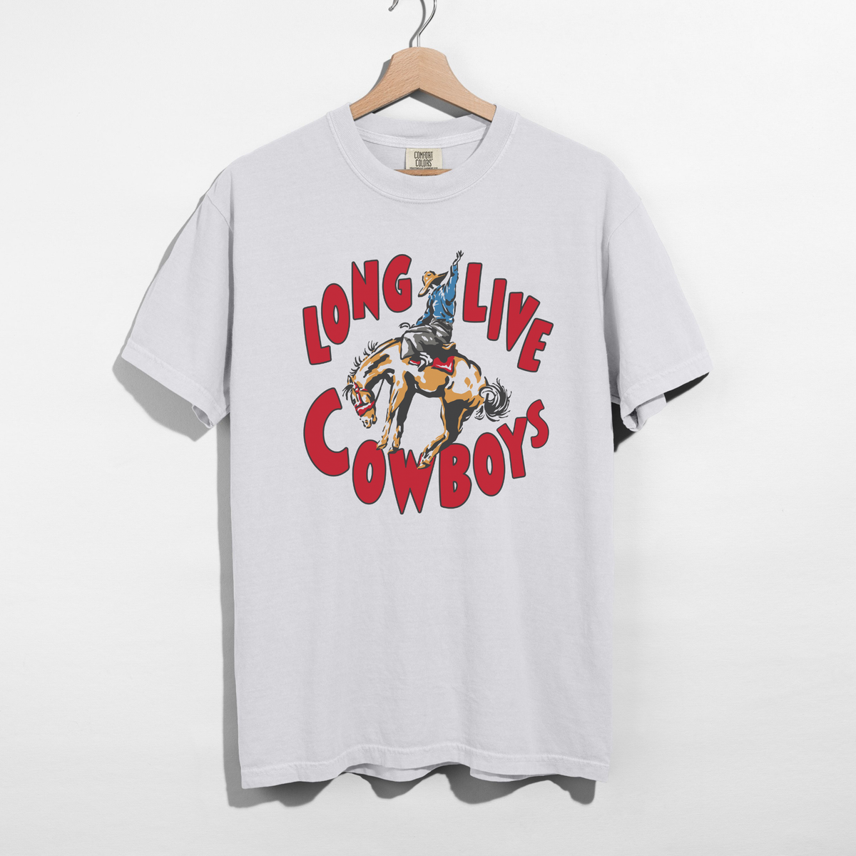 Long Live Cowboys Graphic Tee in light grey with a vintage rodeo bucking horse and cowboy design in red, blue, and tan