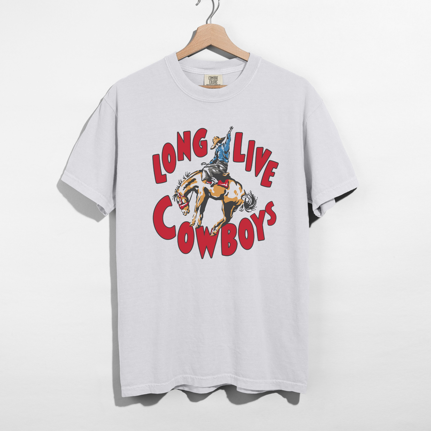 Long Live Cowboys Graphic Tee in light grey with a vintage rodeo bucking horse and cowboy design in red, blue, and tan