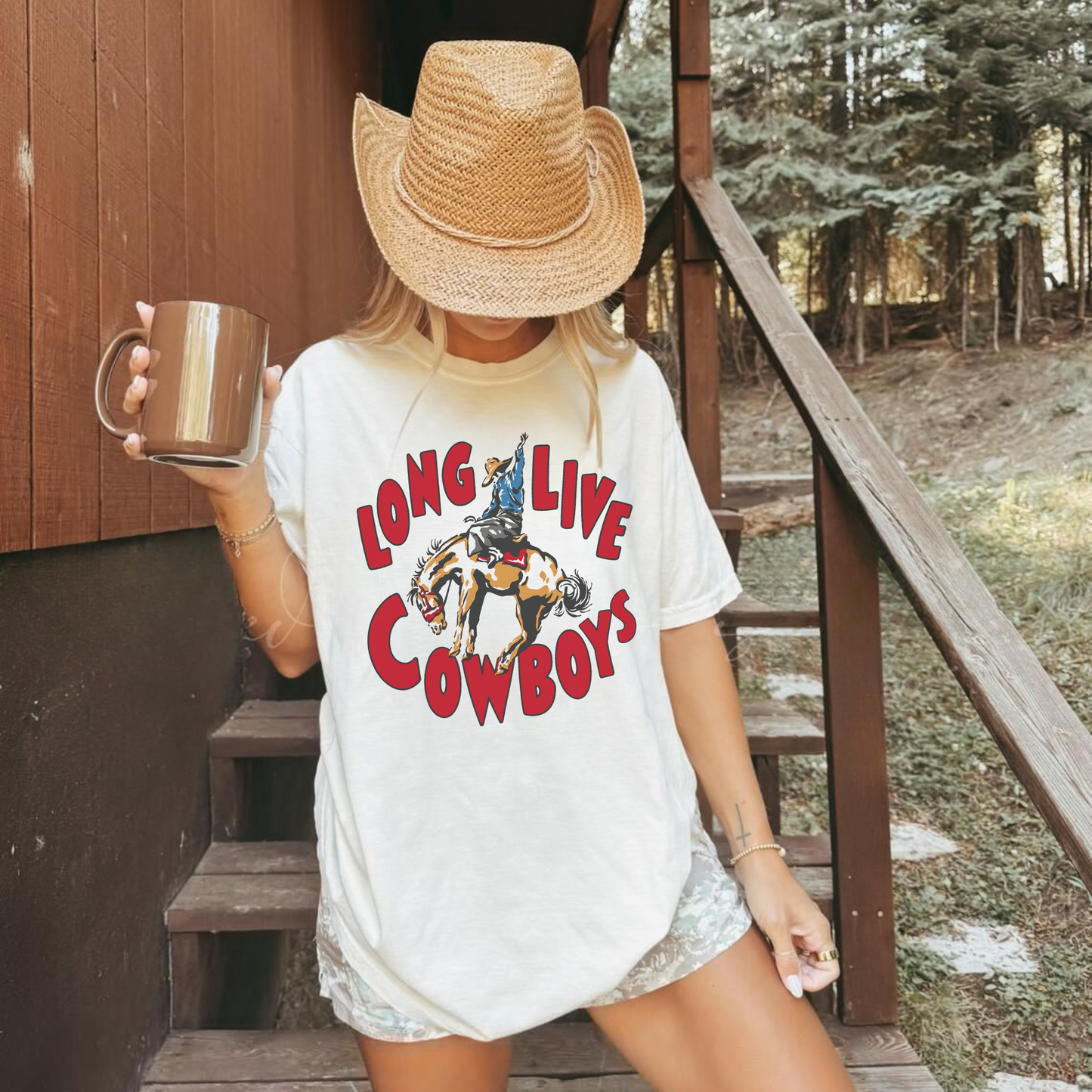 Long Live Cowboys Graphic Tee in white with retro red lettering and bronc riding cowboy graphic on front, relaxed fit