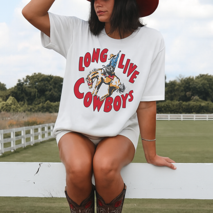Long Live Cowboys Graphic Tee white cotton shirt with vintage rodeo bucking horse and red lettering worn with cowboy boots and hat