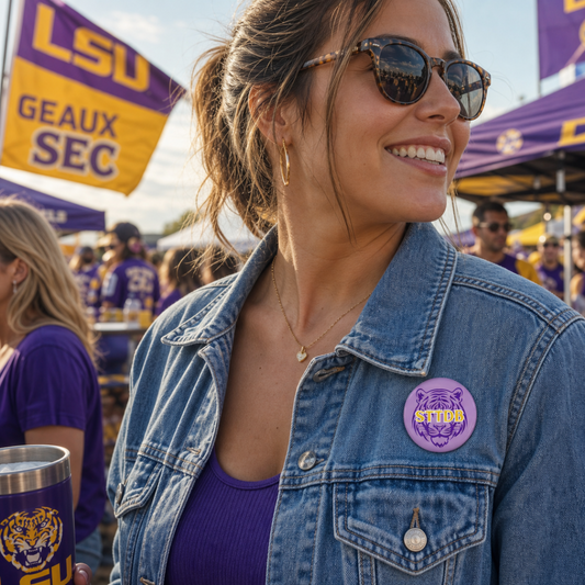 LSU Geaux Tiger purple enamel pin featuring a tiger head emblem with STTDB lettering on a denim jacket