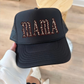 MAMA Leopard Trucker Hat in black with leopard print lettering, structured front, curved brim, and mesh back