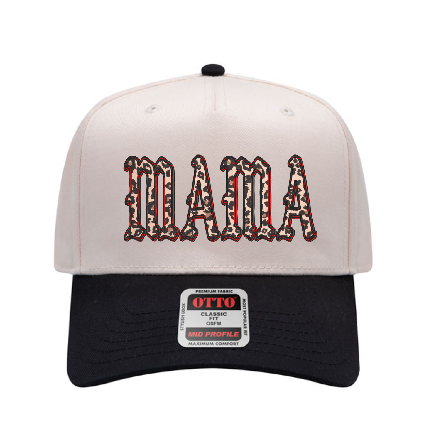 MAMA Leopard Trucker Hat in cream and black with leopard-print lettering and a structured snapback design