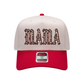 MAMA Leopard Trucker Hat in cream and red with bold leopard-print MAMA lettering and curved brim
