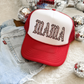 MAMA Leopard Trucker Hat in red with a white front panel and ornate leopard-print MAMA lettering