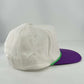 Mardi Gras FAT TUESDAY snapback hat with white crown, purple brim, and bright green rope trim