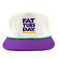 Mardi Gras FAT TUESDAY snapback hat with white embroidered crown, purple brim, and green braided rope trim