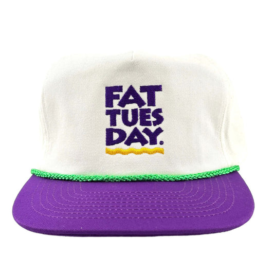 Mardi Gras FAT TUESDAY snapback hat with white embroidered crown, purple brim, and green braided rope trim