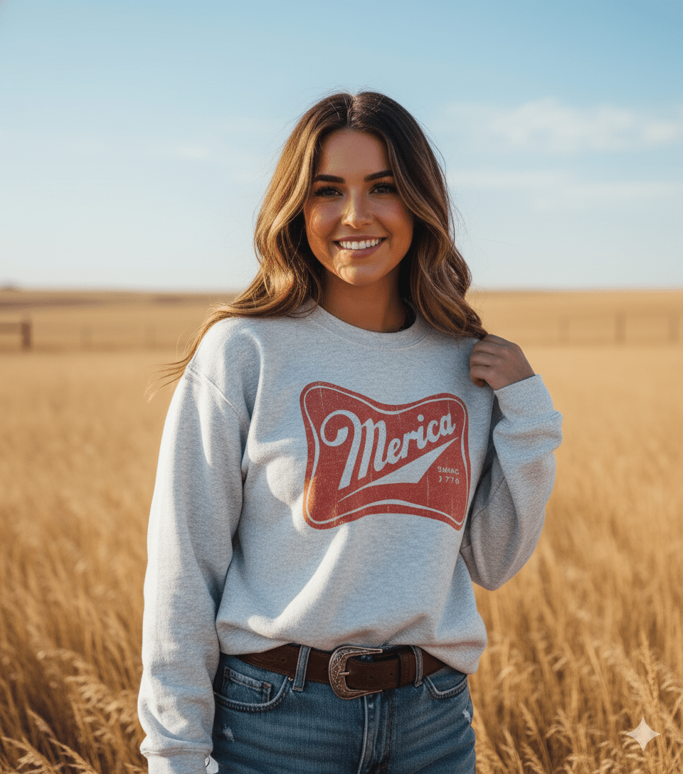 Merica Red Logo graphic sweatshirt made in USA unisex 50/50 cotton poly blend printed on Gildan
